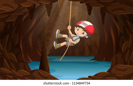 A boy exploring the water cave illustration