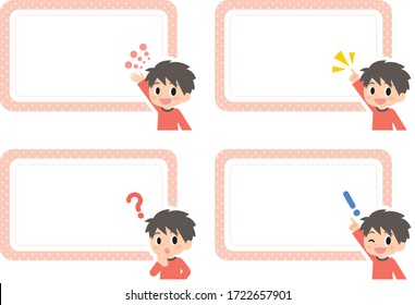 boy expression and emotions frame.illust means smile and wave hands,smile and point,question and ask,notice and solution