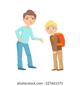Boy extorting Money From Weaker Kid Teenage Bully Demonstrating Mischievous Delinquent Behavior Cartoon Illustration