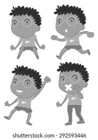Boy with eyeglasses in four different actions