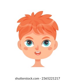 Boy face for avatar vector illustration. Cartoon isolated portrait of adorable redhead kid with stylish ginger hair and blue eyes, cute male head with pretty fashion hairdo for profile, funny child.