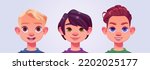 Boy face avatars, portraits of young male characters. Caucasian kids with blond, black and ginger hair, brown, blue and green eyes. Cartoon smiling teen or preteen characters, Vector illustration