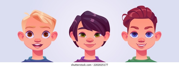 Boy Face Avatars, Portraits Of Young Male Characters. Caucasian Kids With Blond, Black And Ginger Hair, Brown, Blue And Green Eyes. Cartoon Smiling Teen Or Preteen Characters, Vector Illustration