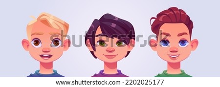Boy face avatars, portraits of young male characters. Caucasian kids with blond, black and ginger hair, brown, blue and green eyes. Cartoon smiling teen or preteen characters, Vector illustration