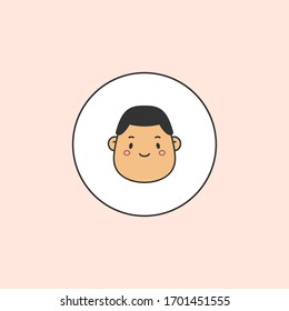 Junge Gesicht. Circle Avatar. Rundaufkleber. Stilvoller Haarschnitt. Minimalistisches Symbol. Farbige Outline-Vektorillustration-Illustration. Kopf mit breitem Kinn. Einzeln auf Rosa. Cartoon-asiatischer Stil. Einfaches niedliches Design. 