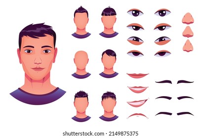 Boy Face Construction, Avatar Creation With Different Head Parts. Vector Cartoon Set Of Young Man Or Male Eyes, Noses, Brows And Lips. Head Pack For Face Generator Isolated On White Background