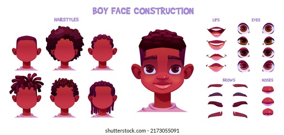 Boy face construction, child african creation with head parts isolated on white background. Vector cartoon set of black skin kid face generator with eyes, noses, hairstyles, brows and lips svg