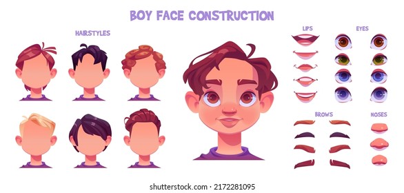 Boy face construction, child avatar creation with head parts isolated on white background. Vector cartoon set of caucasian kid face generator with eyes, noses, hairstyles, brows and lips