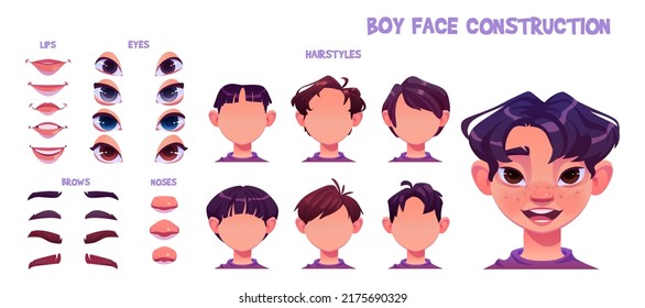 Boy Face Construction, Child Avatar Creation With Head Parts Isolated On White Background. Vector Cartoon Set Of Asian Kid Face Generator With Eyes, Noses, Hairstyles, Brows And Lips