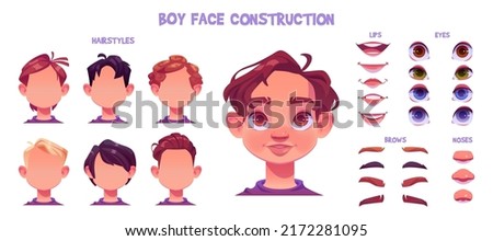 Boy face construction, child avatar creation with head parts isolated on white background. Vector cartoon set of caucasian kid face generator with eyes, noses, hairstyles, brows and lips