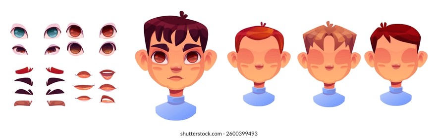 Boy face constructor set isolated white background. Vector cartoon illustration of male kid character head with collection of different hairstyles, eyes, eyebrows, mouths, game avatar design elements