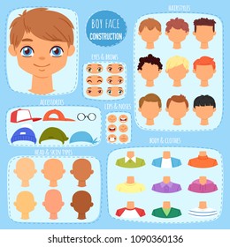 Boy face constructor vector kids character and guy avatar creation with head lips eyes illustration set of man-child facial elements construction with children hairstyle isolated on background