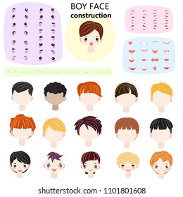 Boy face constructor vector kids character and guy avatar creation with head lips eyes illustration set of man-child facial element construction with children hairstyle isolated on background