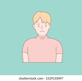 Boy face emotions set. Set of different emotions male character. Handsome emoji with different facial expressions. Vector illustration in cartoon style. Child's face.