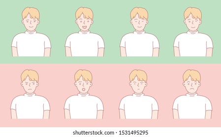 Boy face emotions set. Set of different emotions male character. Handsome emoji with different facial expressions. Vector illustration in cartoon style. Child's face.