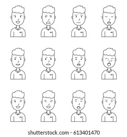 Boy face expressions, flat outline style, vector illustration, set collection