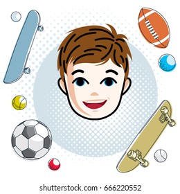 Boy face, human head. Vector character, happy red-haired teenager with stylish haircut. Team sport games playing theme.