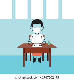boy with a face mask in the classroom, protection from coronavirus or covid 19 vector illustration design