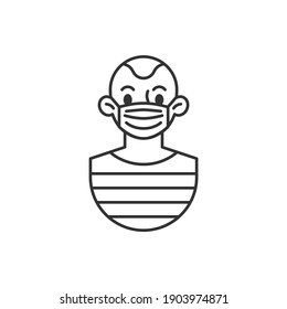 Icono de la línea de máscara facial del niño. signo de estilo lineal para concepto móvil y diseño web. Hombre joven con máscara médica contorno icono vector. Símbolo, ilustración del logotipo. Gráficos vectoriales