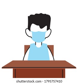 boy with face mask at school desk vector illustrarion design