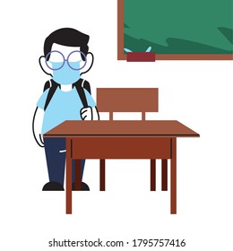 boy with face mask at school desk vector illustrarion design