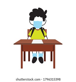 boy with face mask at school desk vector illustrarion design