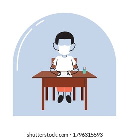 niño con máscara facial en el diseño de ilustraciones vectoriales del escritorio escolar