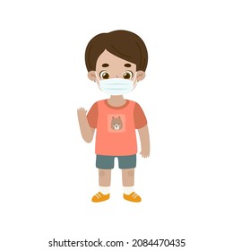 Boy in face medical mask. Coronavirus pandemic new normal. Kid in protective  respirator.