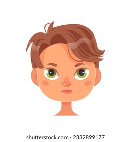 Boy face portrait vector illustration. Cartoon isolated profile avatar with cute male head, brunette with green eyes and curly androgen hairstyle on short brown hair, pretty teen character.