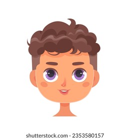 Boy face portrait vector illustration. Cartoon isolated profile avatar with cute male head, brunette with violet eyes and curly androgen hairstyle on short brown hair, pretty teen character.