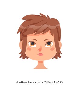 Boy face portrait vector illustration. Cartoon isolated profile avatar with cute male head, brunette with violet eyes and curly androgen hairstyle on short brown hair, pretty teen character.