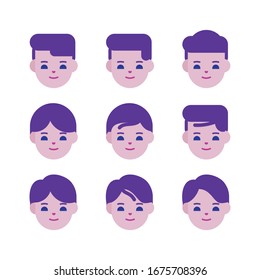 boy face with various of hair style vector illustration, flat design with purple color theme