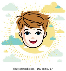 Boy face, vector human head illustration, portrait. Red-haired teenager expressing positive emotions.