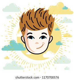 Boy face, vector human head illustration, portrait. Red-haired teenager expressing positive emotions.