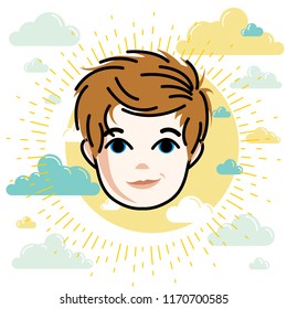 Boy face, vector human head illustration, portrait. Red-haired teenager expressing positive emotions.