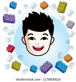Boy face, vector human head illustration, portrait. Brunet teenager expressing positive emotions.
