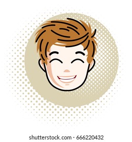 Boy face, vector human head illustration, portrait. Red-haired teenager expressing positive emotions.