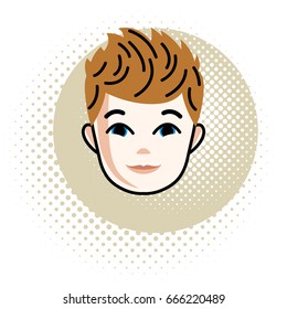 Boy face, vector human head illustration, portrait. Red-haired teenager expressing positive emotions.