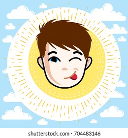 Boy face, vector human head illustration. Redhead kid winking and making funny grimace.