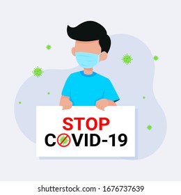 Boy in facemask against the coronavirus and holding board Stop Coronavirus disease COVID-2019 
