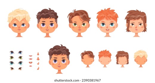 Boy faces constructor set vector illustration. Cartoon isolated male heads templates with different hair colors and hairstyle, eyes, noses and mouths with various shapes and lip expressions.