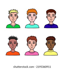El chico se pone la cara. Colección de avatares humanos dibujada a mano. Retratos de colores de adolescentes de fondo blanco. Ilustración vectorial de estilo Doodle