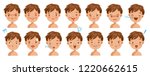 Boy facial emotions set. Child face with different expressions.  Variety of emotions children. Male heads show a variety of moods and differences. Schoolboy portrait avatars. Isolated vector.