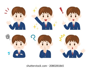Boy facial expressions set. High school student. Vector illustration. 