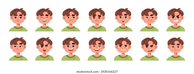 Boy facial expressions set. Kid avatars with different positive, negative emotions: sad, happy, angry, surprised. Various moods on children face. Flat isolated vector illustration no white background