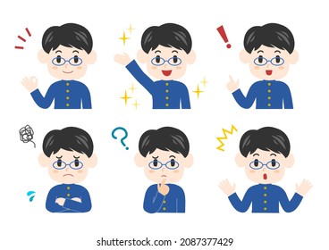 Boy facial expressions set. Middle school student. Vector illustration. 