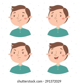 Boy facial expressions vector set. Emotions. Satisfied, sad, angry, happy.