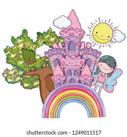 boy fairy creature with castle in the rainbow