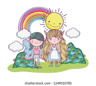 boy fairy with girl creature with sun and rainbow