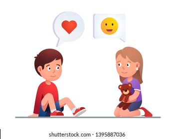 Boy fall in love with a girl at first sight. Smiling kid looking at lady with adoration, interest and heart feelings. Flat vector child character illustration